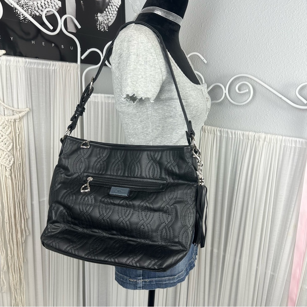 Elegant Bella Russo quilted black faux leather adjustable shoulder bag / purse